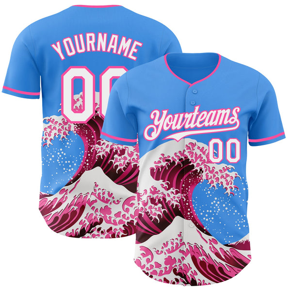 Custom Electric Blue White-Pink Japanese Wave Authentic Baseball Jersey