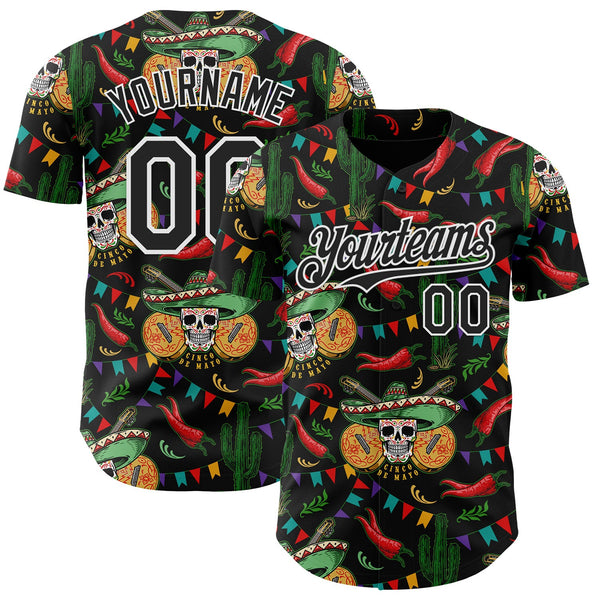 Custom Black-White Cinco de Mayo Sugar Skull Mexican Fiesta Cactus Authentic Baseball Jersey