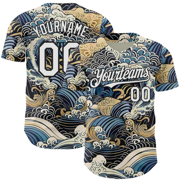 Custom Blue White-Black Japanese Wave Authentic Baseball Jersey