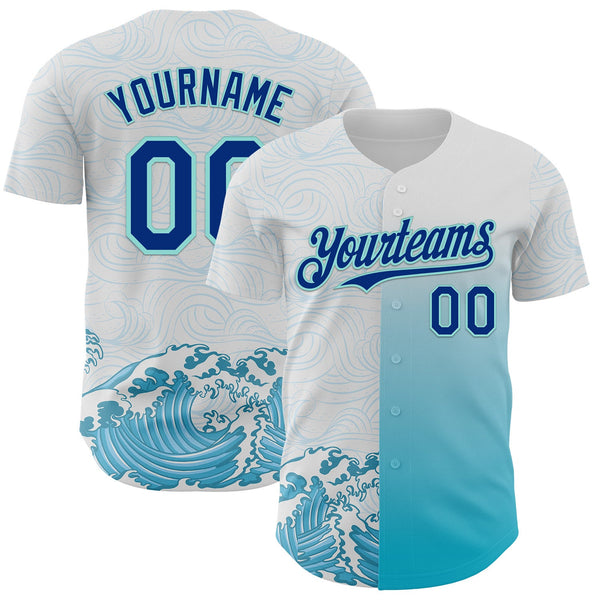 Custom White Royal-Ice Blue Japanese Wave Authentic Baseball Jersey