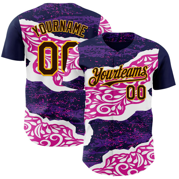 Custom Purple Brown Deep Pink-Gold Geometric Patchwork Asymmetry Torn Tropical Floral Authentic Baseball Jersey
