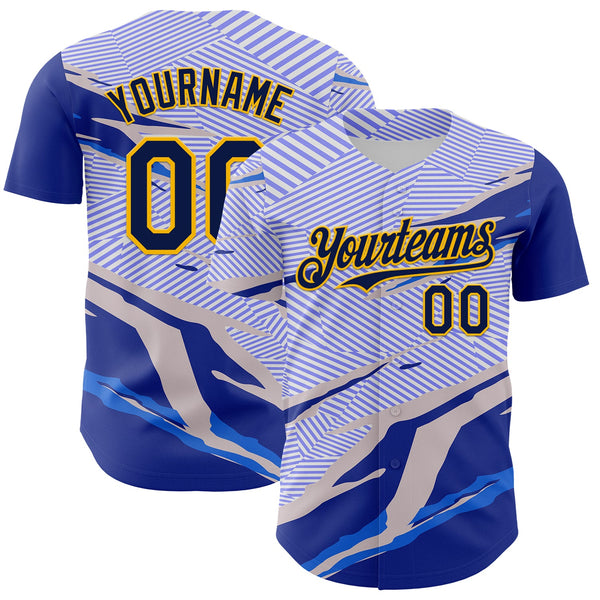 Custom Blue Navy Gray-Gold Geometric Patchwork Asymmetry Torn Authentic Baseball Jersey