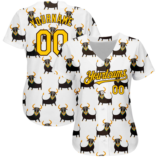 Custom White Yellow-Brown 3D Pattern Design Ox Authentic Baseball Jersey alternate