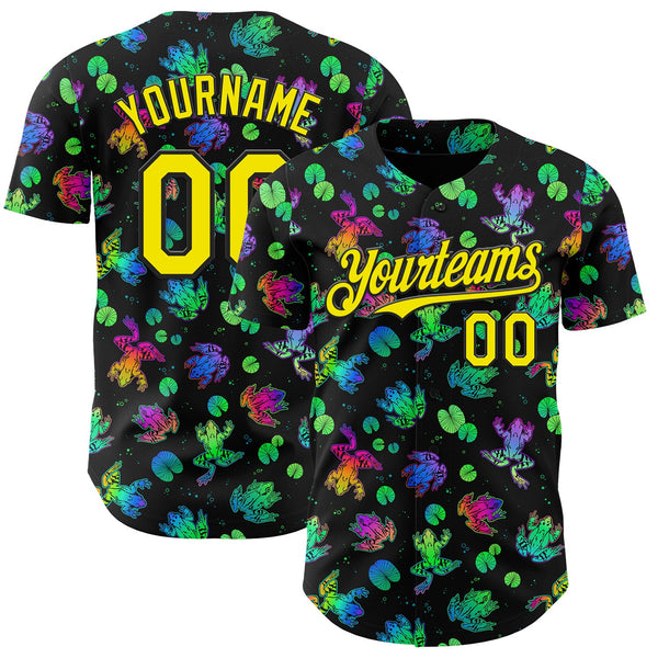 Custom Black-Light Yellow Psychedelic Trippy Frog Authentic Baseball Jersey
