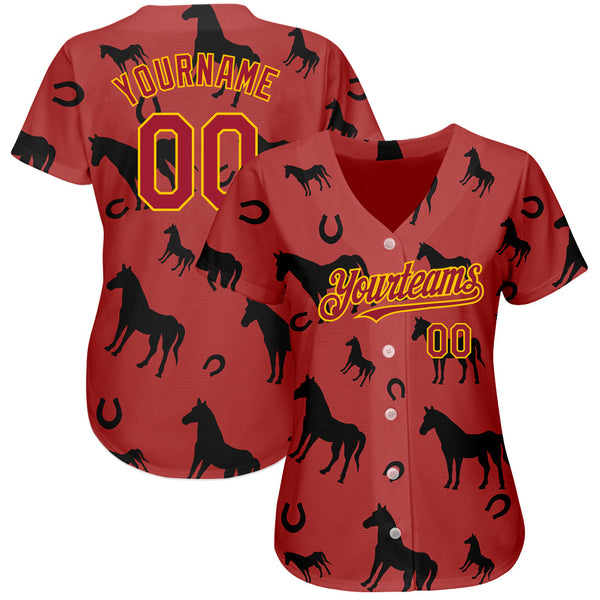Custom Cardinal Yellow 3D Pattern Design Horse Authentic Baseball Jersey alternate