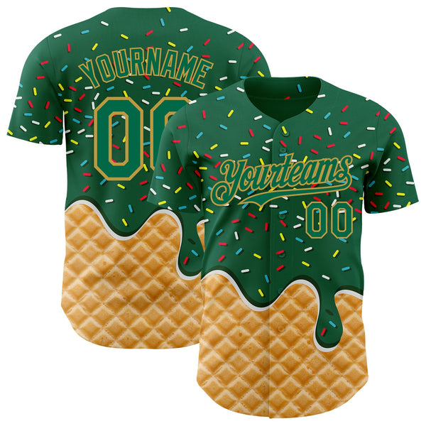 Custom Kelly Green-Old Gold Ice Cream Waffle Foodie Dessert Authentic Baseball Jersey