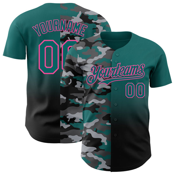 Custom Teal Black-Pink Half Camo Ombre Authentic Baseball Jersey