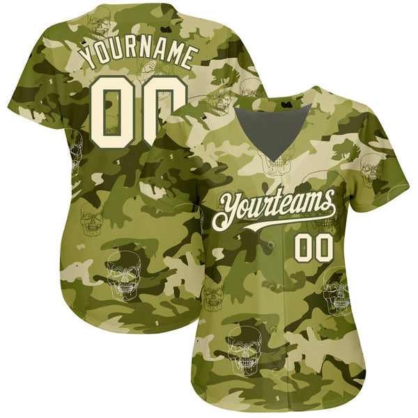 Custom Camo Cream-Olive 3D Skull Fashion Authentic Baseball Jersey alternate
