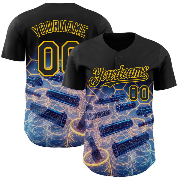 Custom Black-Yellow Futurism Tech Holographic E-sports 3D Pattern Design Authentic Baseball Jersey