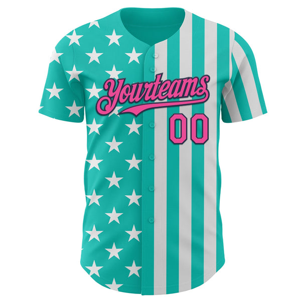 Custom Aqua Pink White-Navy USA Flag Patriotic Split Stars and Stripes Authentic Baseball Jersey alternate