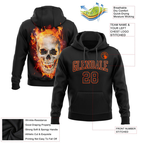Custom Stitched Black Orange 3D Skull Fashion Flame Sports Pullover Sweatshirt Hoodie alternate