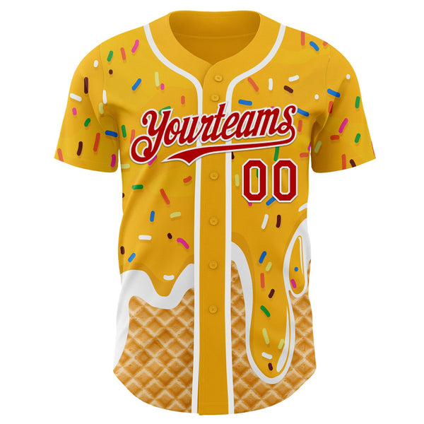 Custom Gold Red-White Ice Cream Waffle Foodie Dessert Authentic Baseball Jersey alternate