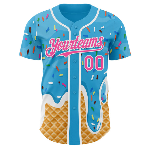 Custom Sky Blue Pink-White Ice Cream Waffle Foodie Dessert Authentic Baseball Jersey alternate
