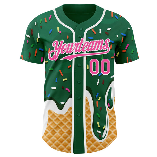 Custom Kelly Green Pink-White Ice Cream Waffle Foodie Dessert Authentic Baseball Jersey alternate