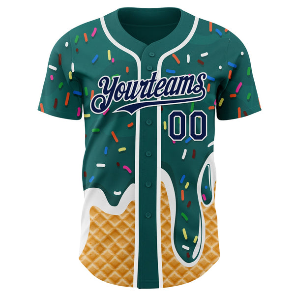 Custom Teal Navy-White Ice Cream Waffle Foodie Dessert Authentic Baseball Jersey alternate