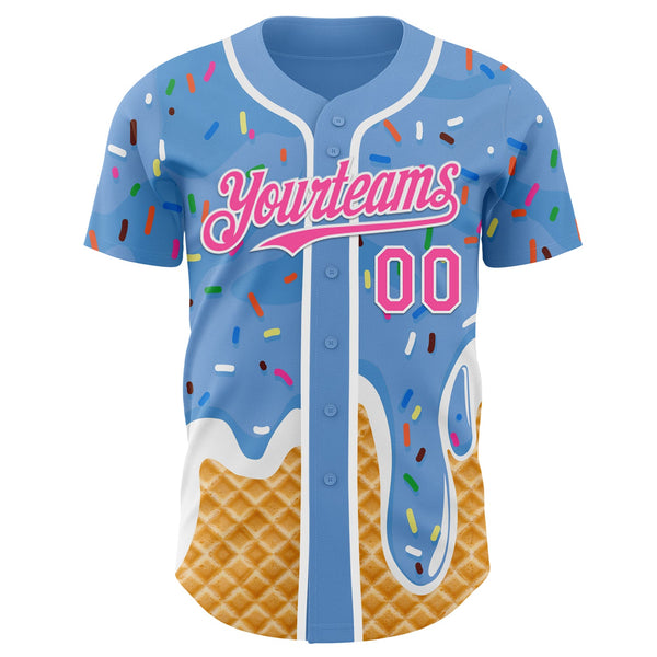 Custom Light Blue Pink-White Ice Cream Waffle Foodie Dessert Authentic Baseball Jersey alternate