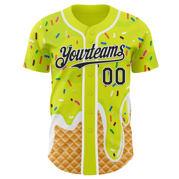 Custom Neon Yellow Black-White Ice Cream Waffle Foodie Dessert Authentic Baseball Jersey alternate