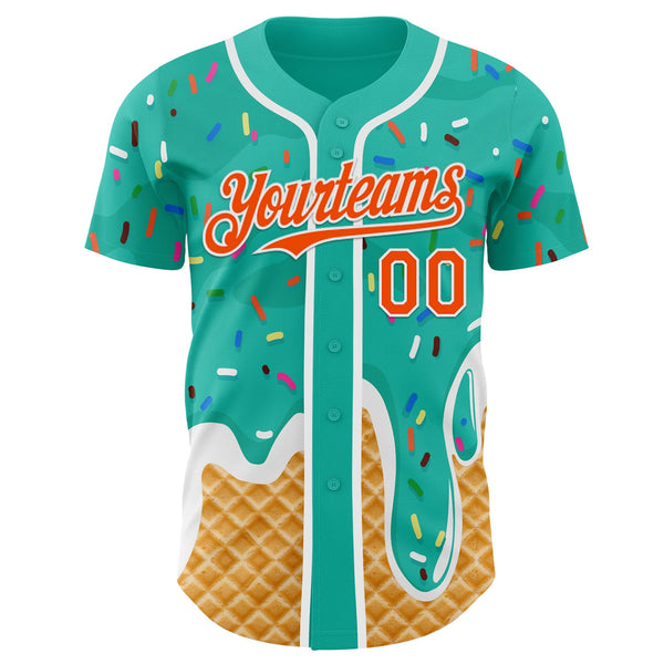 Custom Aqua Orange-White Ice Cream Waffle Foodie Dessert Authentic Baseball Jersey alternate