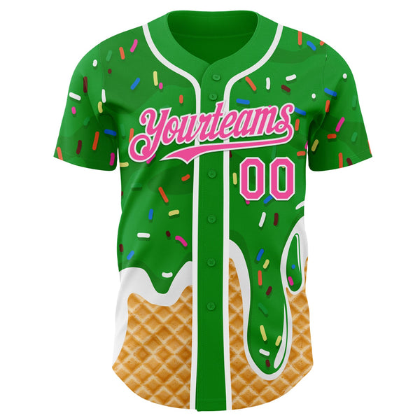 Custom Grass Green Pink-White Ice Cream Waffle Foodie Dessert Authentic Baseball Jersey alternate