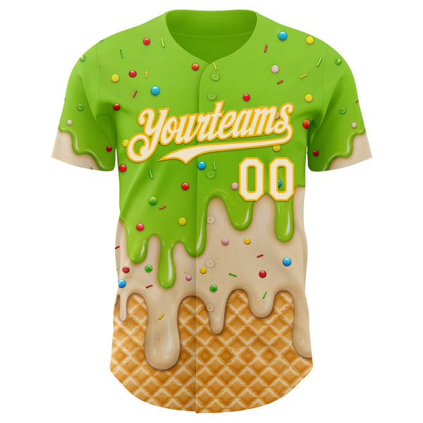 Custom Neon Green Cream-Gold Ice Cream Waffle Foodie Dessert Authentic Baseball Jersey alternate