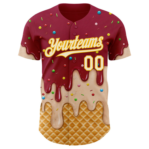 Custom Maroon Cream-Gold Ice Cream Waffle Foodie Dessert Authentic Baseball Jersey alternate