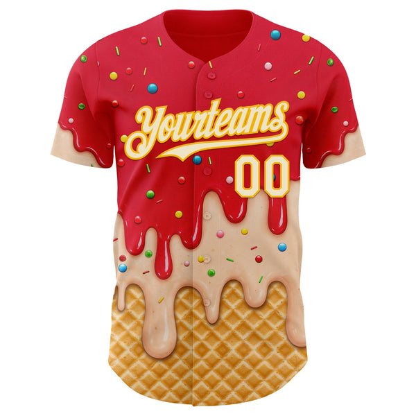 Custom Fire Red Cream-Gold Ice Cream Waffle Foodie Dessert Authentic Baseball Jersey alternate