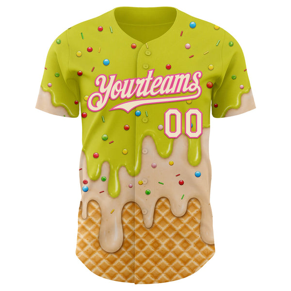 Custom Neon Yellow Cream-Pink Ice Cream Waffle Foodie Dessert Authentic Baseball Jersey alternate