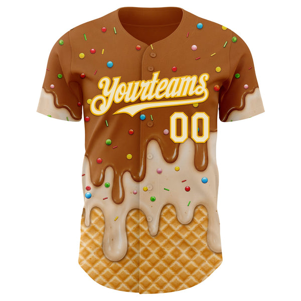 Custom Chocolate Brown Cream-Gold Ice Cream Waffle Foodie Dessert Authentic Baseball Jersey alternate