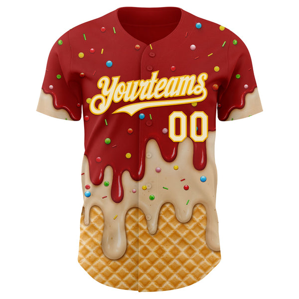 Custom Red Cream-Gold Ice Cream Waffle Foodie Dessert Authentic Baseball Jersey alternate