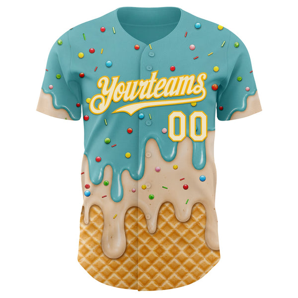 Custom Mint Aqua Cream-Gold Ice Cream Waffle Foodie Dessert Authentic Baseball Jersey alternate