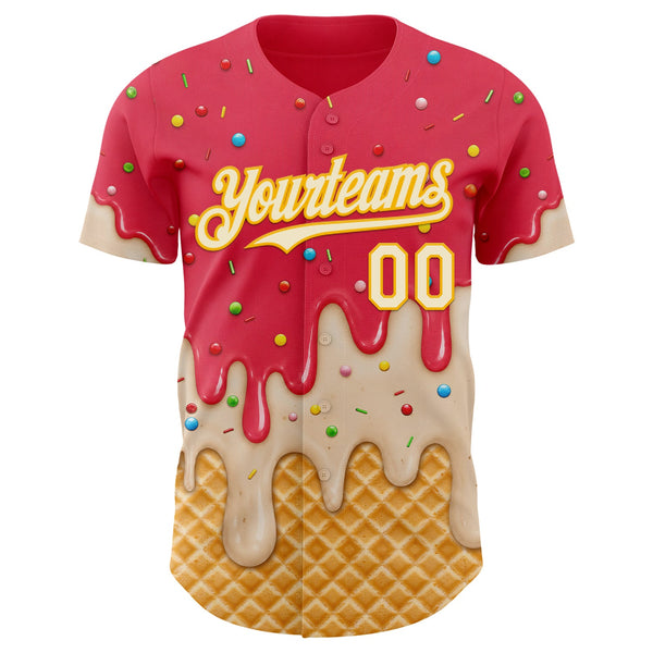 Custom Coral Red Cream-Gold Ice Cream Waffle Foodie Dessert Authentic Baseball Jersey alternate