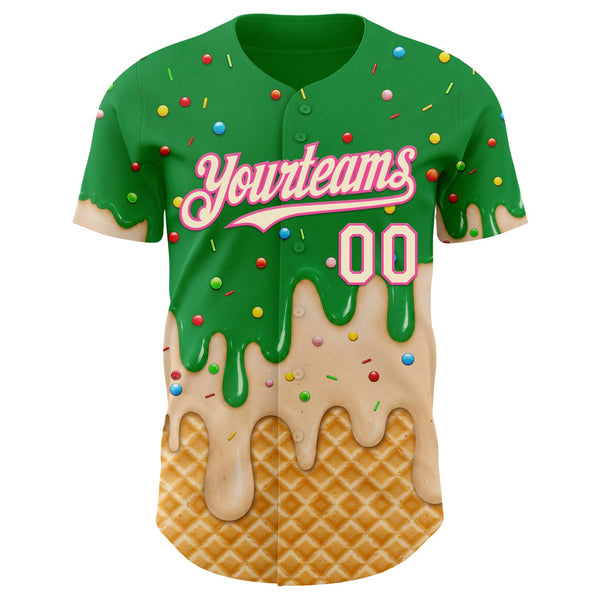 Custom Light Kelly Green Cream-Pink Ice Cream Waffle Foodie Dessert Authentic Baseball Jersey alternate