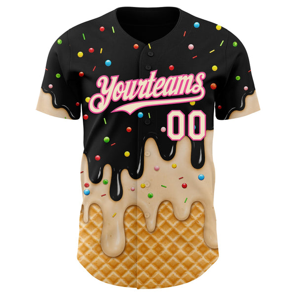 Custom Black Cream-Pink Ice Cream Waffle Foodie Dessert Authentic Baseball Jersey alternate