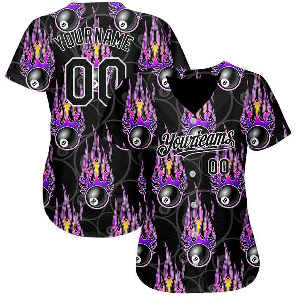 Custom Black White 3D Pattern Design Flaming Billiards Snooker 8 Ball Authentic Baseball Jersey alternate