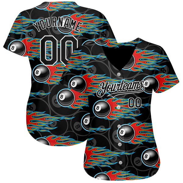 Custom Black White 3D Pattern Design Flaming Billiards Snooker 8 Ball Authentic Baseball Jersey alternate