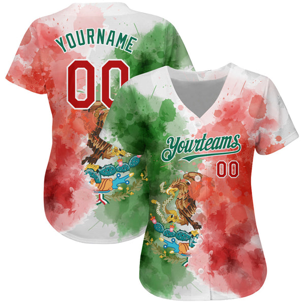 Custom Kelly Green Red-White 3D Mexican Flag Watercolored Splashes Grunge Design Authentic Baseball Jersey alternate