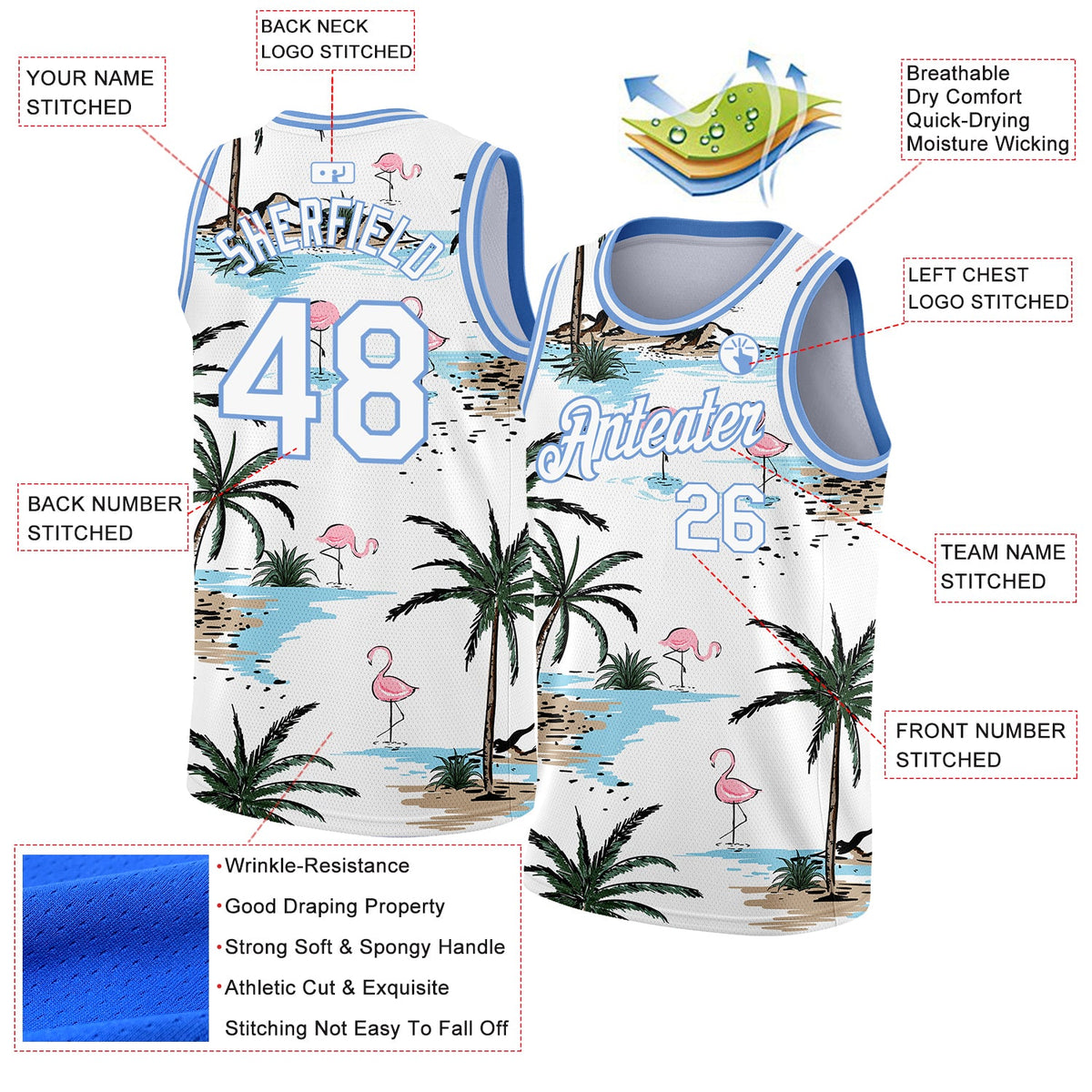 Custom White Light Blue 3D Pattern Tropical Hawaii Palm Trees Authentic Basketball Jersey - Back