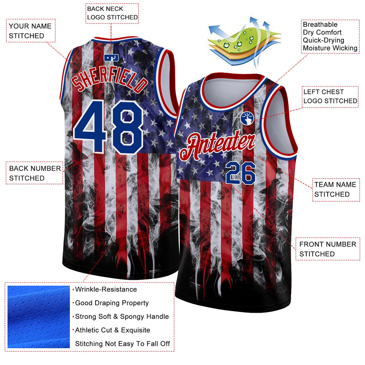 Custom White Royal-Red 3D American Flag Fashion Authentic Basketball Jersey - Back