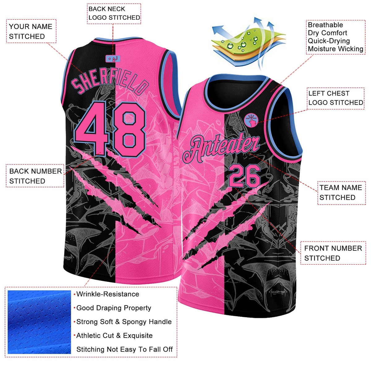 Custom Graffiti Pattern Pink Black-Light Blue 3D Scratch Authentic Basketball Jersey - Back