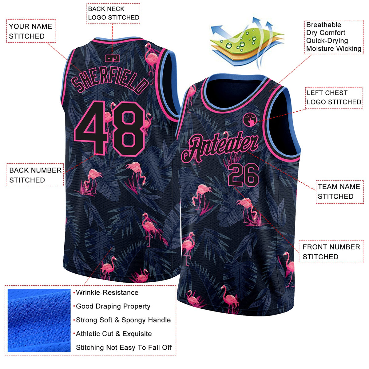 Custom Black Pink-Light Blue 3D Pattern Design Flamingo Authentic Basketball Jersey - Front