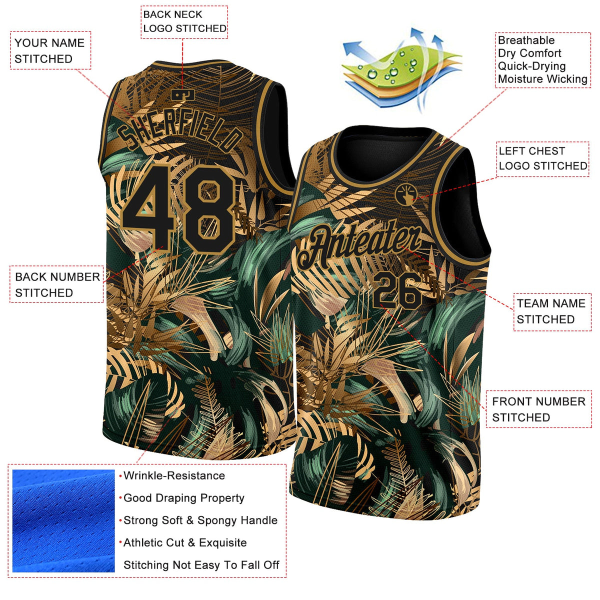 Custom Black Old Gold 3D Pattern Tropical Hawaii Palm Leaves Authentic Basketball Jersey - Back