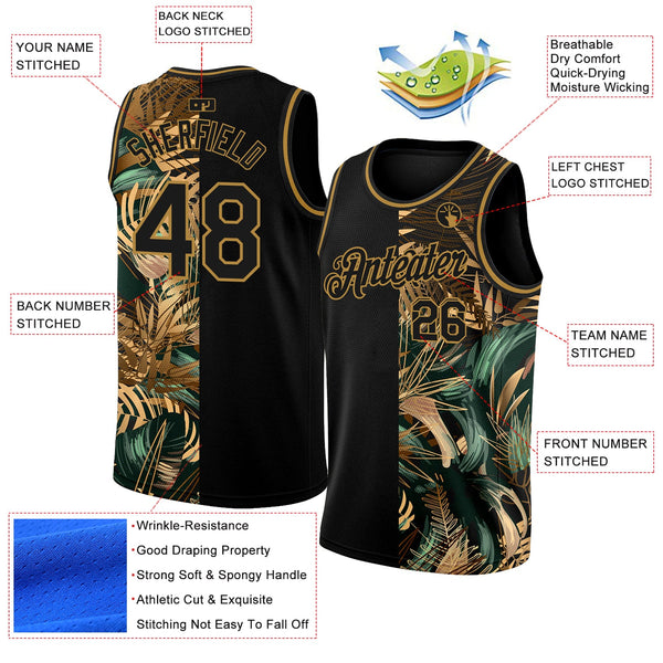Custom Black Old Gold 3D Pattern Tropical Hawaii Palm Leaves Authentic Basketball Jersey alternate