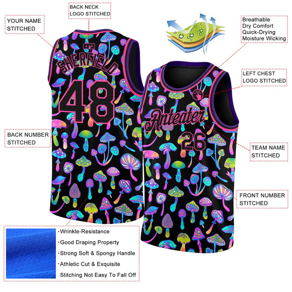 Custom Black Pink 3D Pattern Design Magic Mushrooms Psychedelic Hallucination Authentic Basketball Jersey alternate
