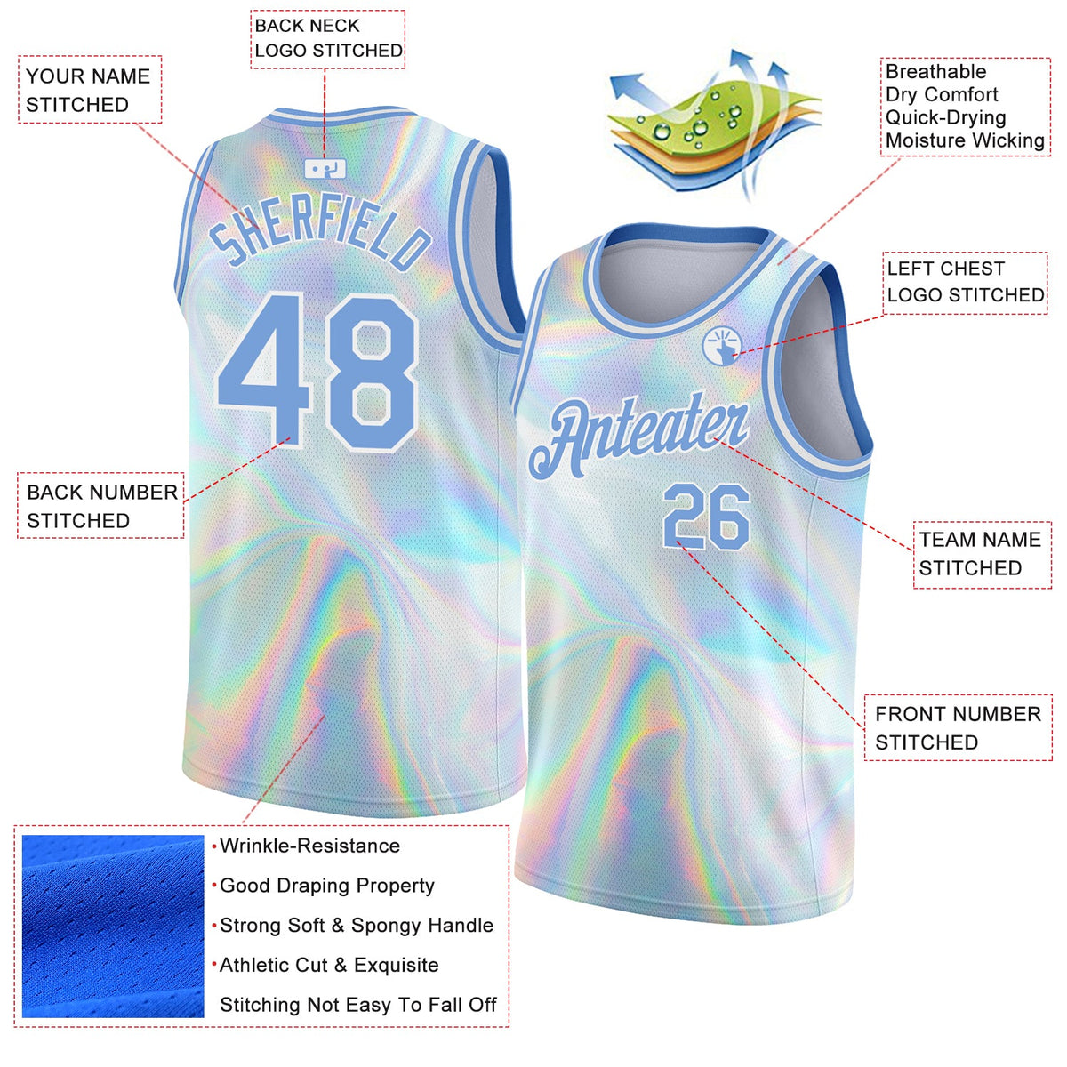 Custom White Light Blue 3D Pattern Design Abstract Trendy Holographic Vaporwave Style Authentic Basketball Jersey - Back