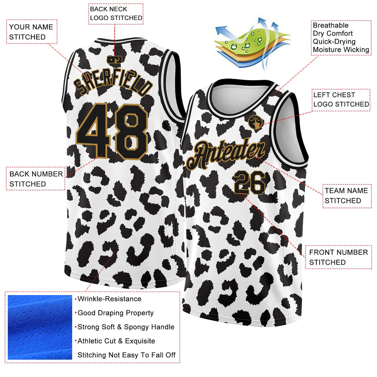 Custom White Black-Old Gold 3D Pattern Design Leopard Print Authentic Basketball Jersey - Back