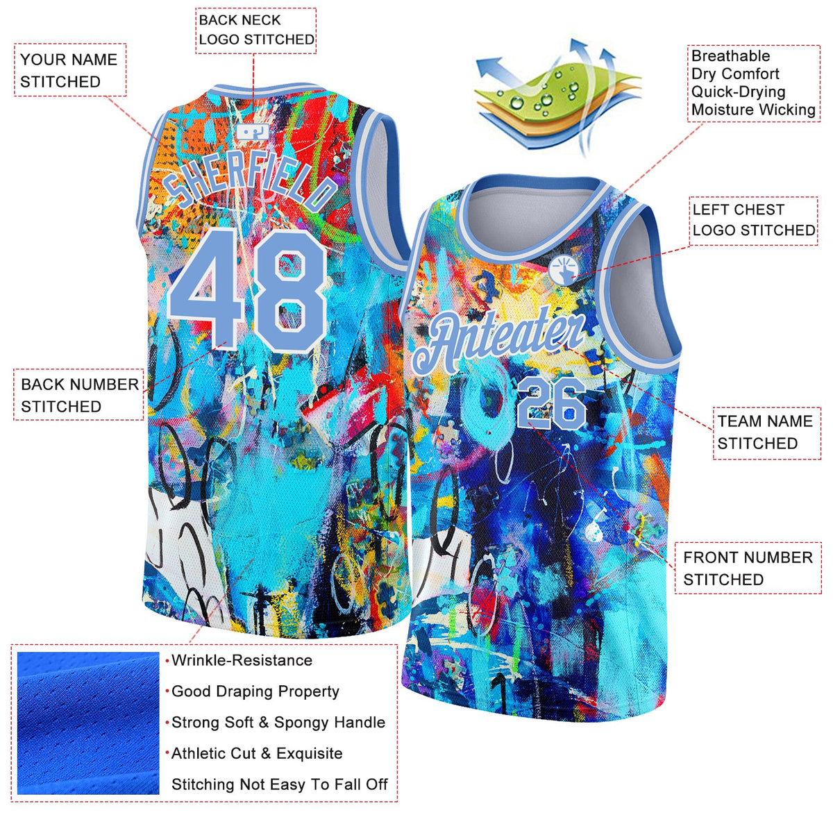 Custom Graffiti Pattern Light Blue-White 3D Grunge Art Authentic Basketball Jersey - Back