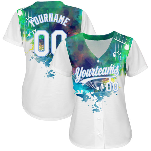 Custom White Light Blue 3D Pattern Design Music Festival Abstract Colorful Music Grunge Style Authentic Baseball Jersey alternate