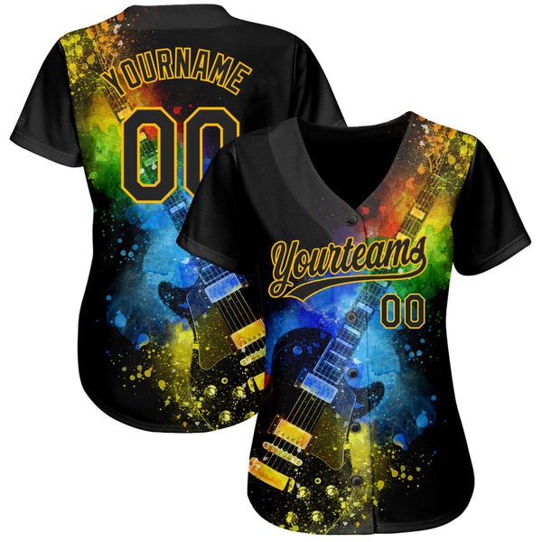 Custom Black Gold 3D Pattern Design Music Festival Guitar With Psychedelic Colors Authentic Baseball Jersey alternate