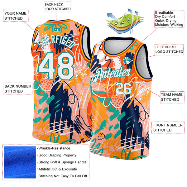 Custom Orange White-Teal 3D Pattern Abstract Hawaii Plant Graffiti Grunge Art Authentic Basketball Jersey alternate