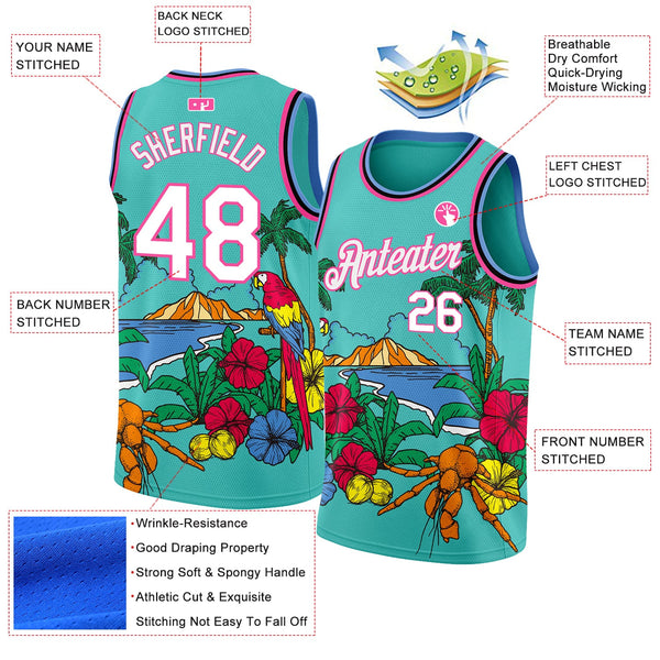 Custom Aqua Pink Light Blue-Black 3D Pattern Tropical Beach Hawaii Palm Trees Authentic Basketball Jersey alternate